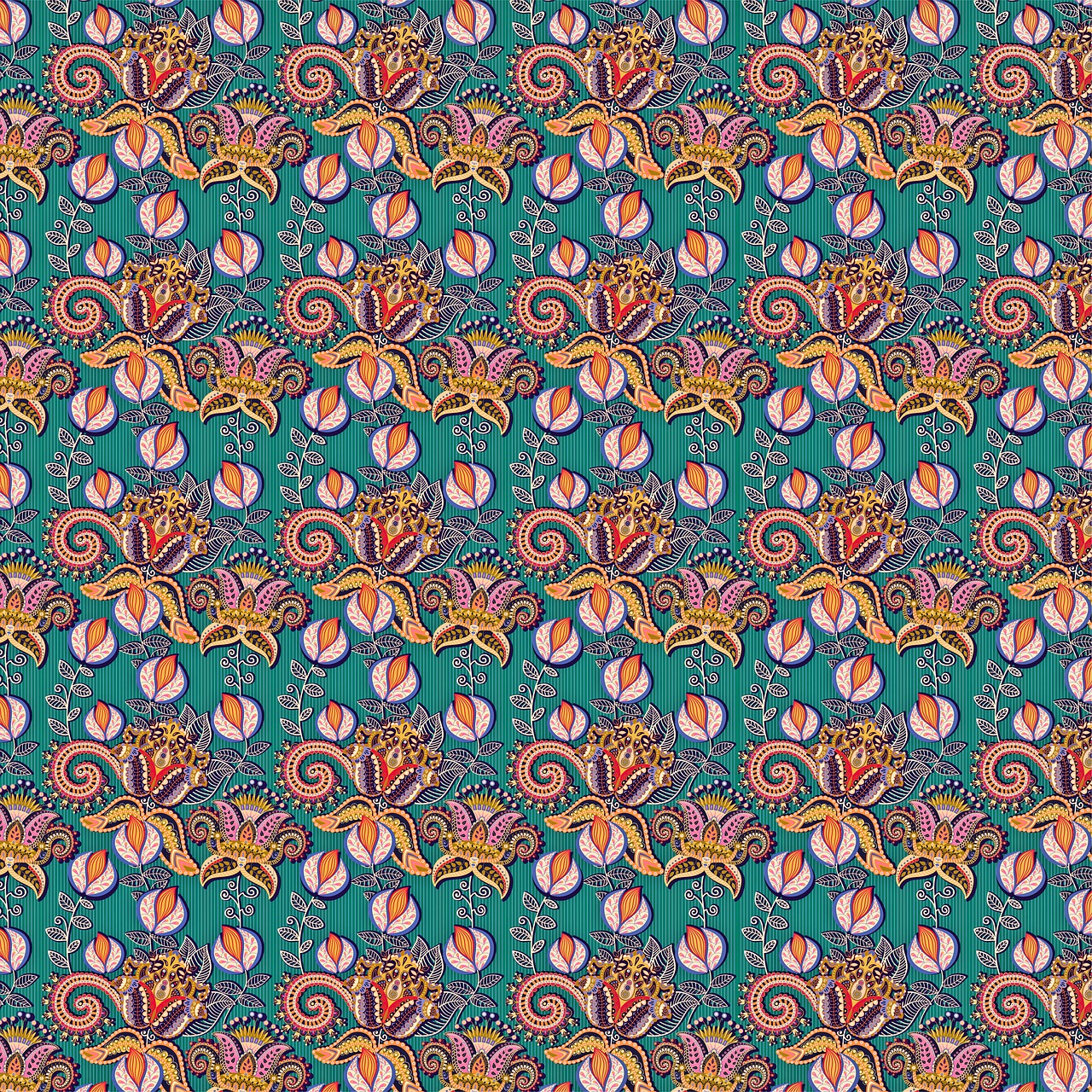 a colorful paisley pattern on a green background, trending on pixabay, pink orange flowers, repeating pattern. seamless, coloured in blueberra and orange, on the ocean