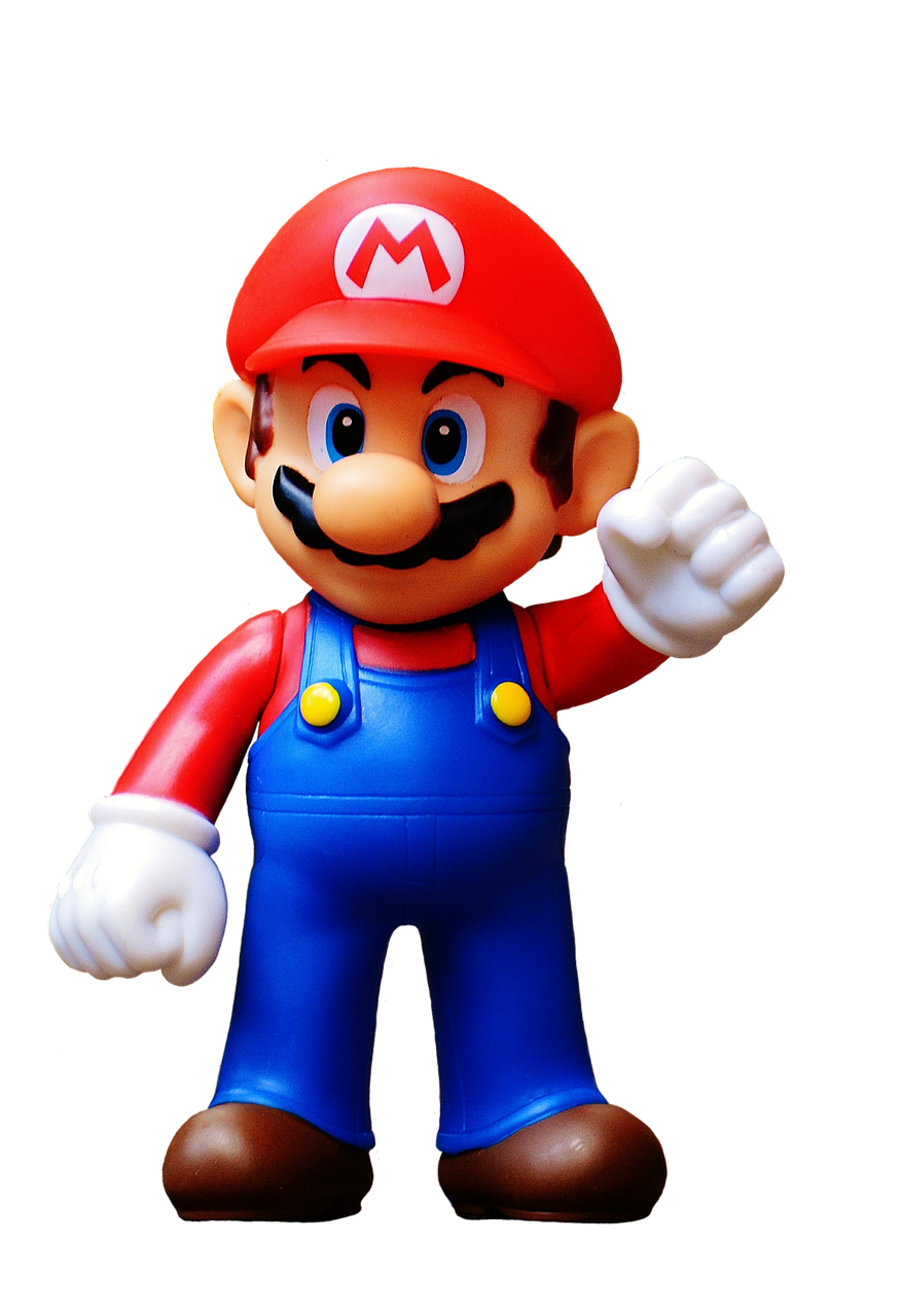 a close up of a figurine of a mario, inspired by Mario Comensoli, pexels, pop art, with a black background, 2 5 6 x 2 5 6 pixels, full body hero, waving at the camera
