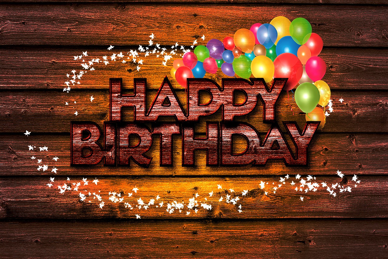 a wooden background with balloons and the words happy birthday, a digital rendering, pixabay, graffiti, vector art for cnc plasma, i_5589.jpeg, profile pic, from wheaton illinois