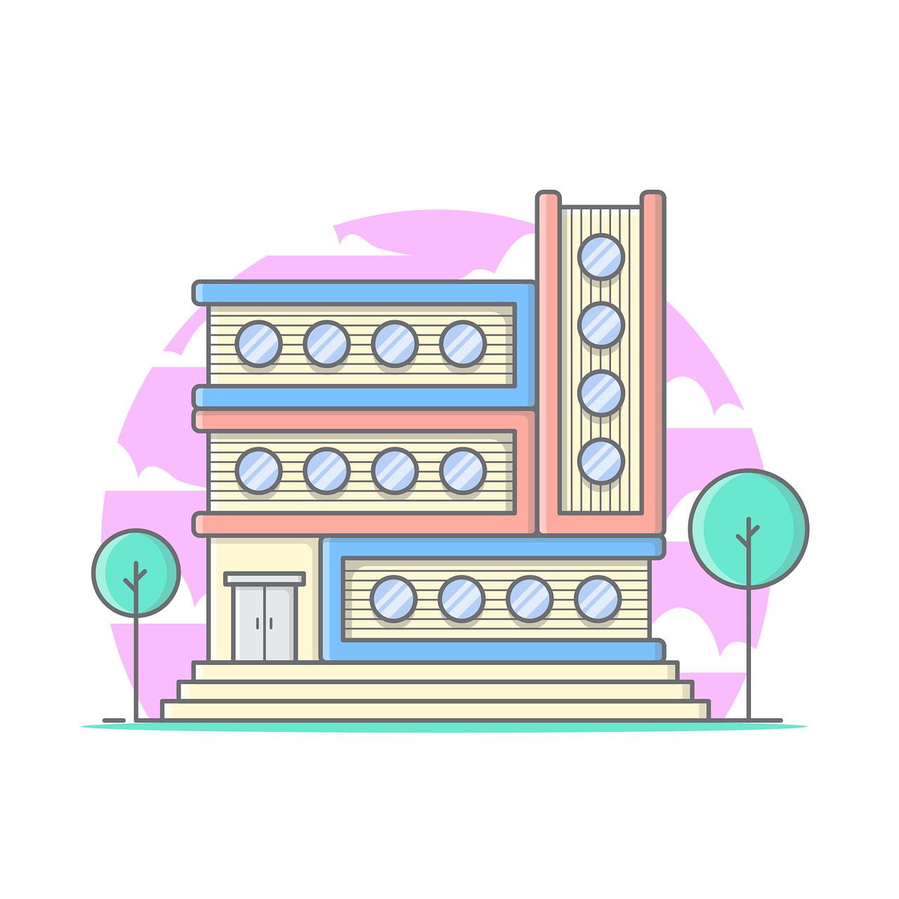 a tall building with trees in front of it, behance, hypermodernism, flat color and line, in a candy land style house, arhitectural shot, stacked image