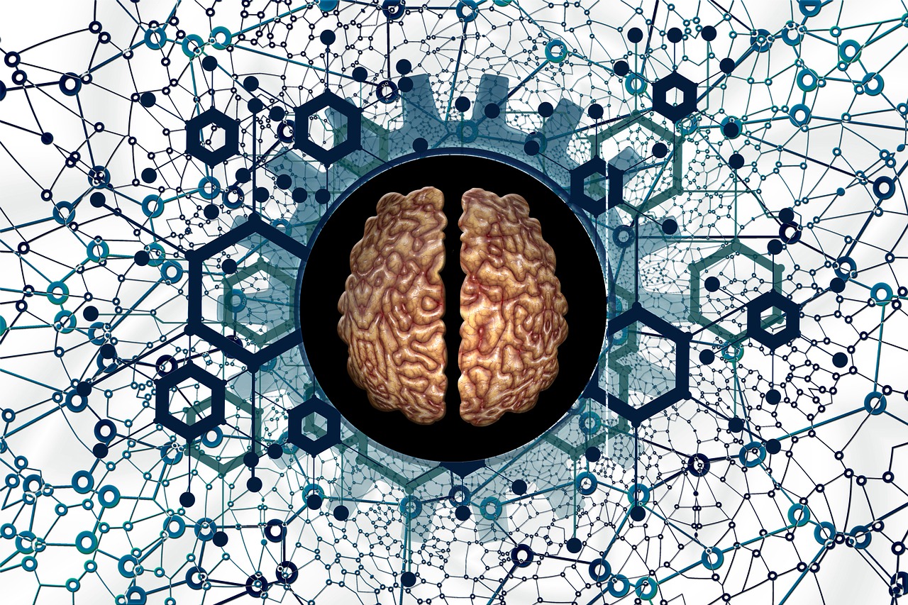 two halves of a brain sitting on top of a table, an illustration of, by Adam Marczyński, shutterstock, digital art, biomechanical pattern, artificial intelligence logo, molecular, centred in image