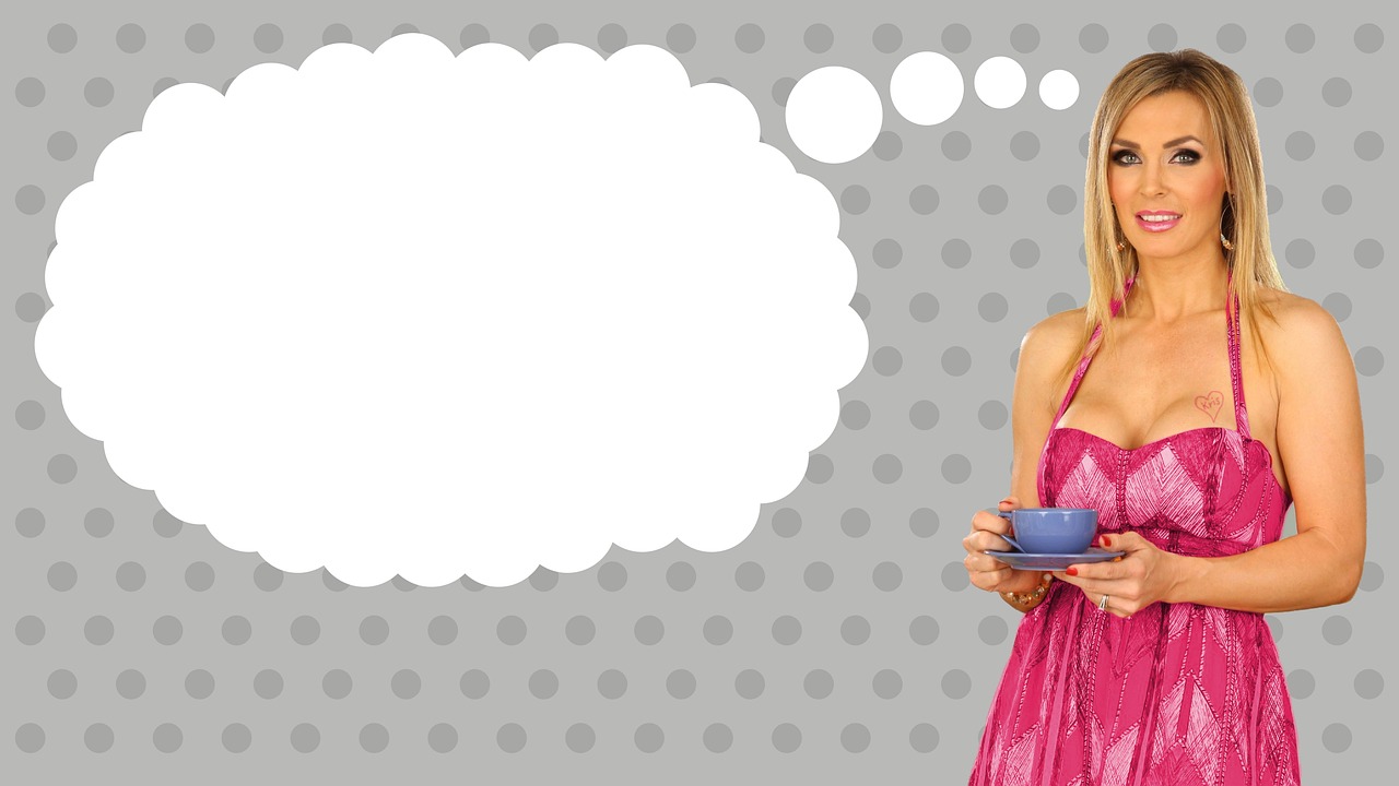 a woman in a pink dress holding a cup and a thought bubble, a photo, trending on pixabay, pop art, background is white and blank, carmen electra, commercial banner, colorized background