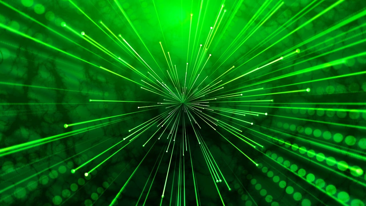 a green light shines brightly on a dark background, a digital rendering, shutterstock, digital art, in the field of inner hyperspace, vivid green lasers, within radiate connection, light background