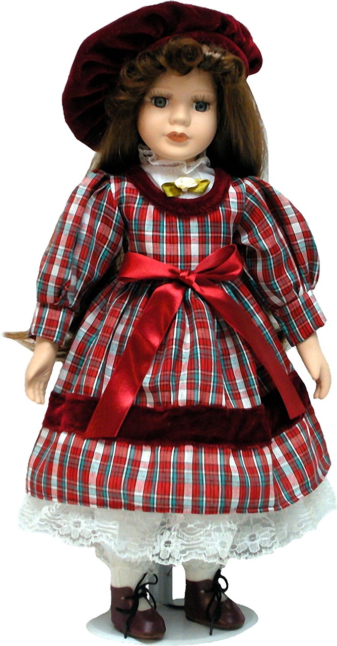 a close up of a doll wearing a dress and hat, inspired by Cornelia MacIntyre Foley, cg society contest winner, dau-al-set, wearing a red plaid dress, full lenght view. white plastic, display item, young jennifer connelly