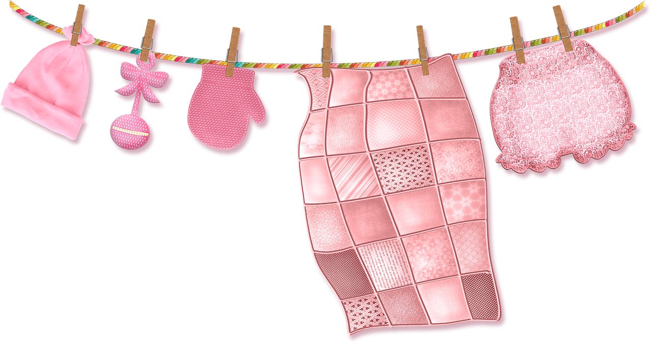 clothes and mittens hanging on a clothes line, a digital rendering, inspired by Masamitsu Ōta, pixabay contest winner, process art, shades of pink, quilt, apron, closeup - view