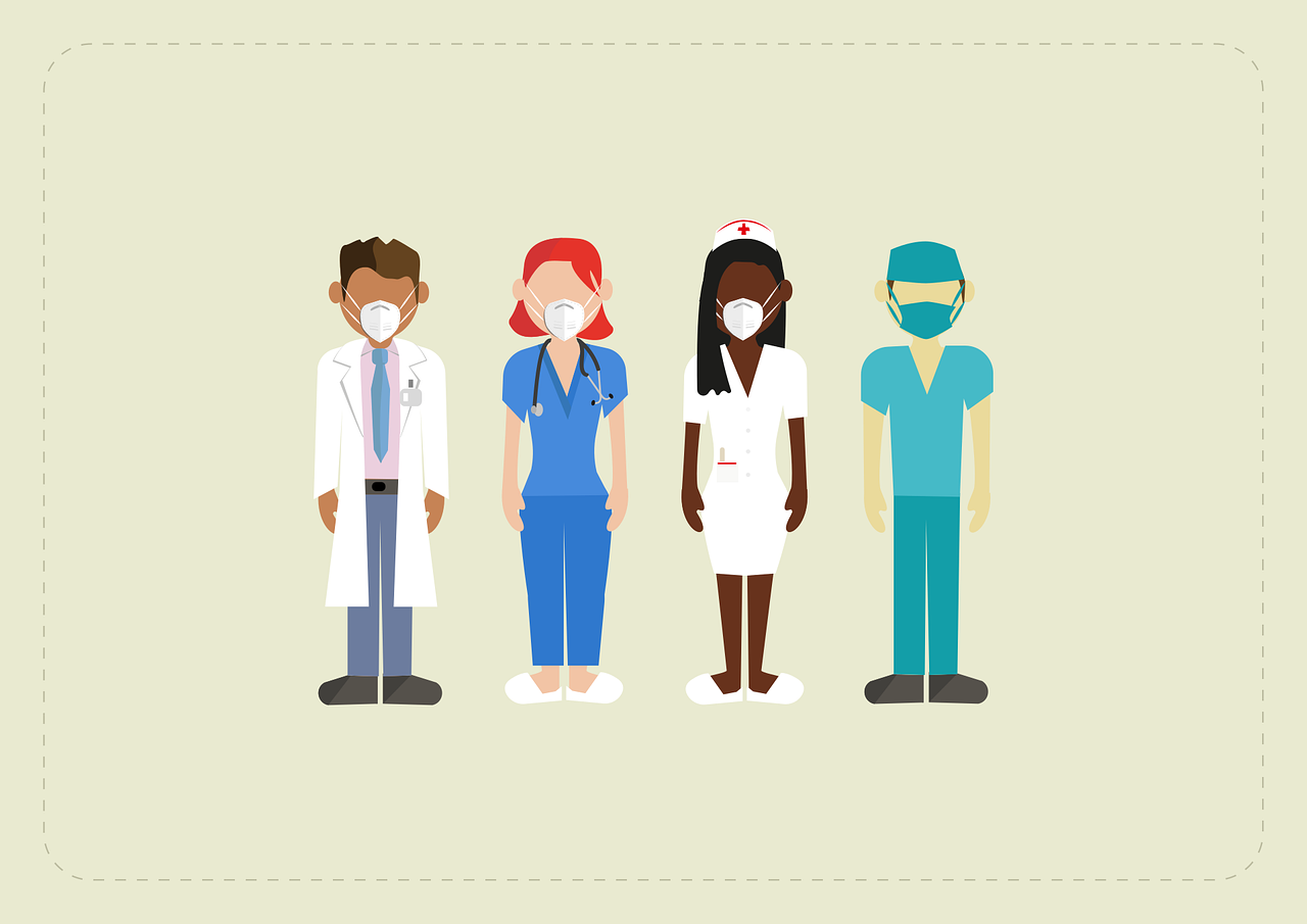 a group of doctors standing next to each other, figuration libre, flat graphic design, nurse scrubs, on a pale background, masks