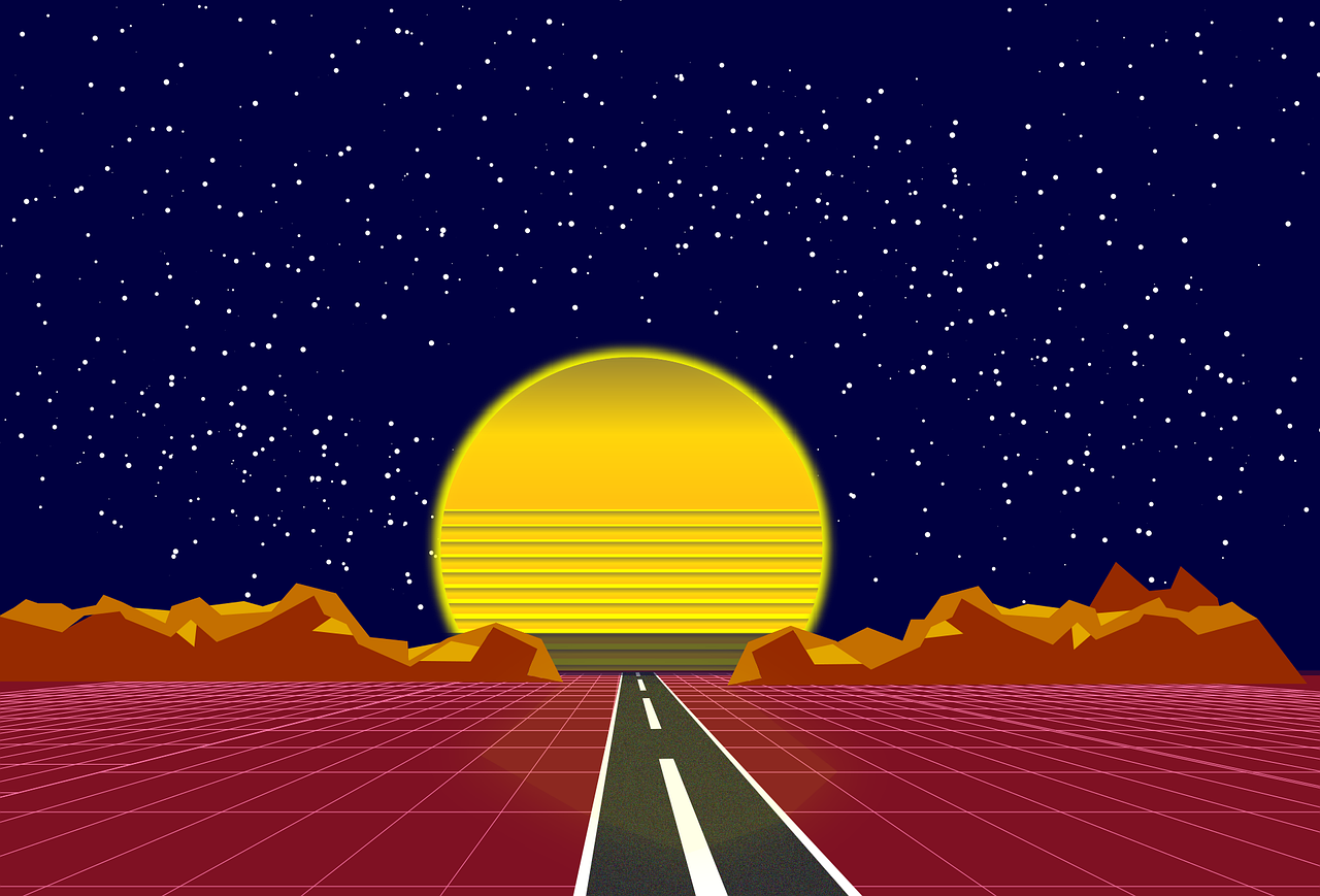 a road in the middle of a desert with mountains in the background, digital art, retrofuturism, digital yellow red sun, on a galaxy looking background, 8 0 ies aesthetic, !!! very coherent!!! vector art