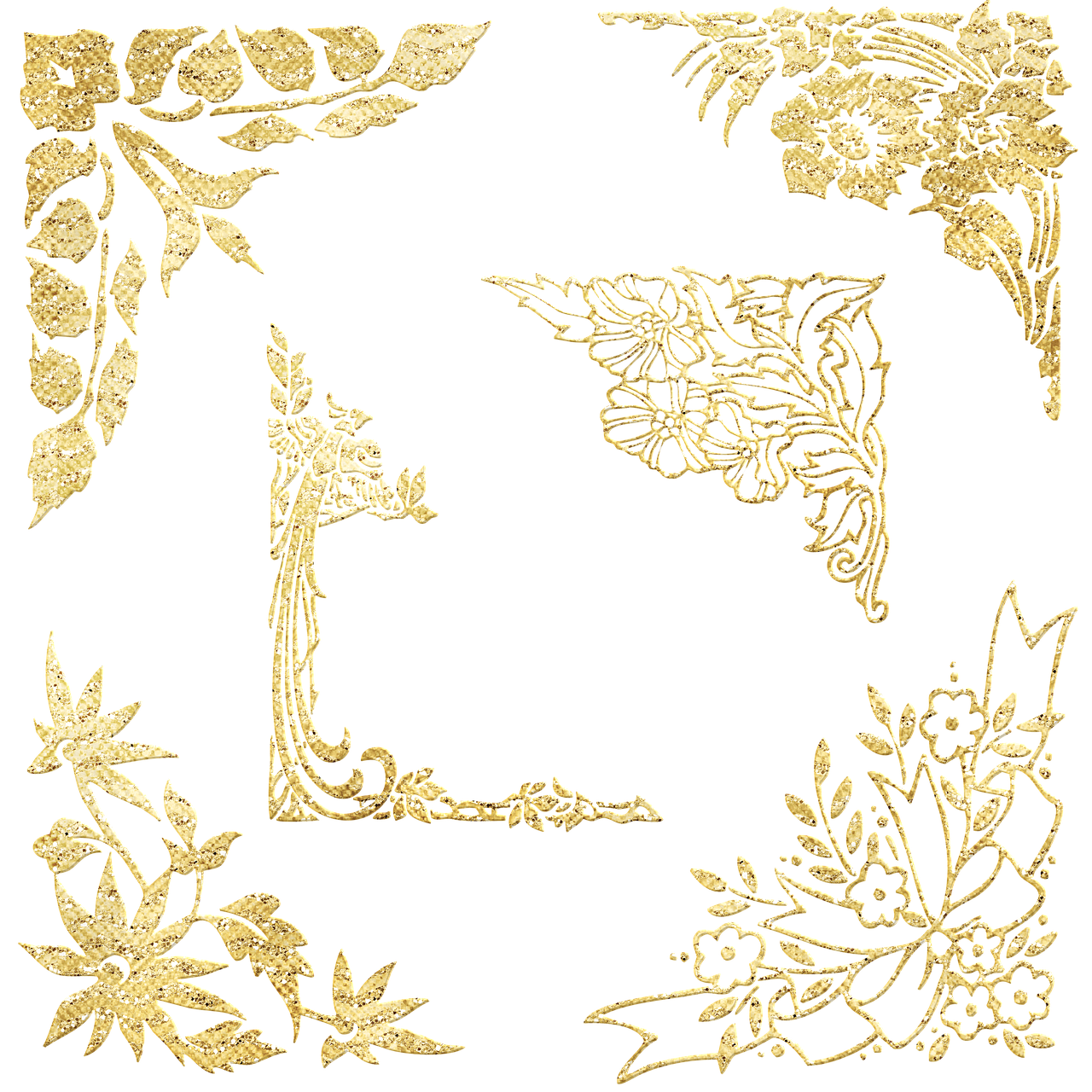 a set of gold embroidery designs on a black background, a digital rendering, corner, japanese wood cut, h 7 0 4, various posed