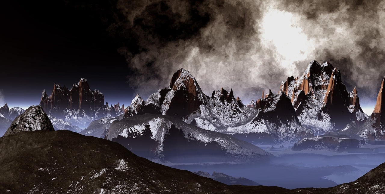 a group of mountains covered in snow under a cloudy sky, cg society contest winner, romanticism, distant mountains lights photo, 1 6 6 7. mandelbulb 3 d, moon, mordor