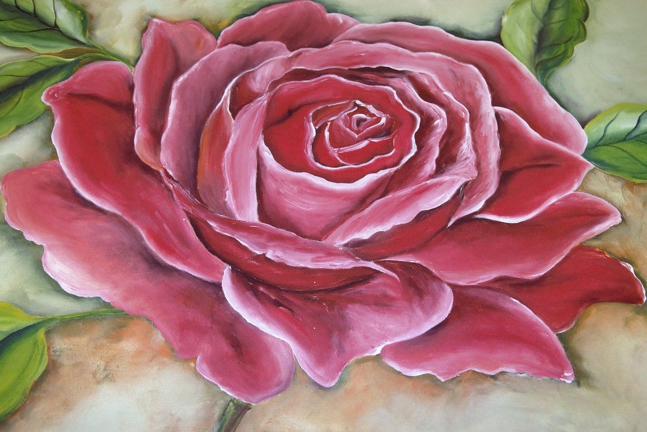 a painting of a pink rose with green leaves, an acrylic painting, trending on pixabay, romanticism, giant mechanical rose, reddish, detail, oil in canvas style