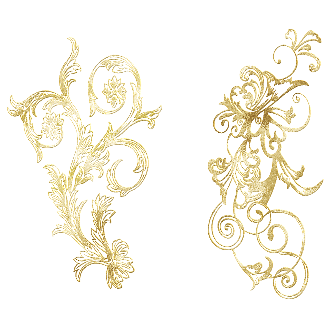 a close up of two ornate designs on a black background, a digital rendering, baroque, gold plated, front back view and side view, flowers. baroque elements, gold and luxury materials