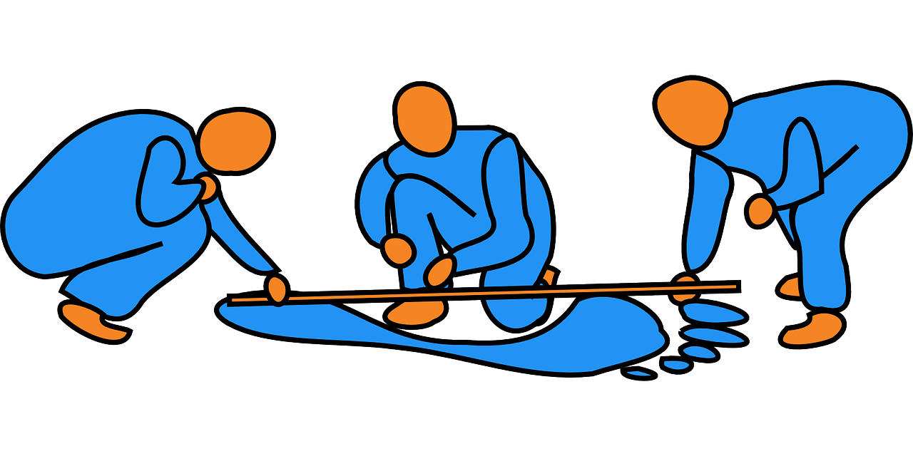 a group of people standing around a person on a surfboard, trending on pixabay, process art, single long stick, orange and blue, kneeling, line