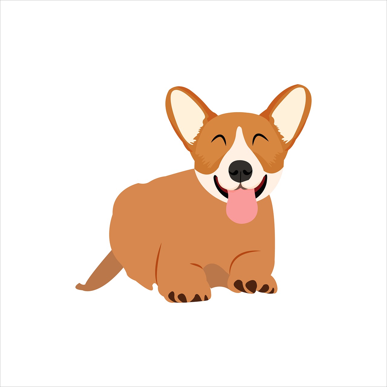 a brown and white dog laying down with its tongue out, an illustration of, cute corgi, sitting relax and happy, flat color, red puppils