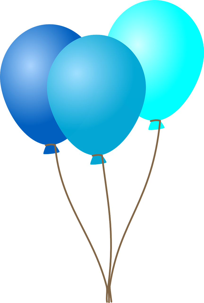 three blue balloons floating in the air, a digital rendering, inspired by Masamitsu Ōta, pixabay, on a flat color black background, at a birthday party, no gradients, paint tool sai!! blue