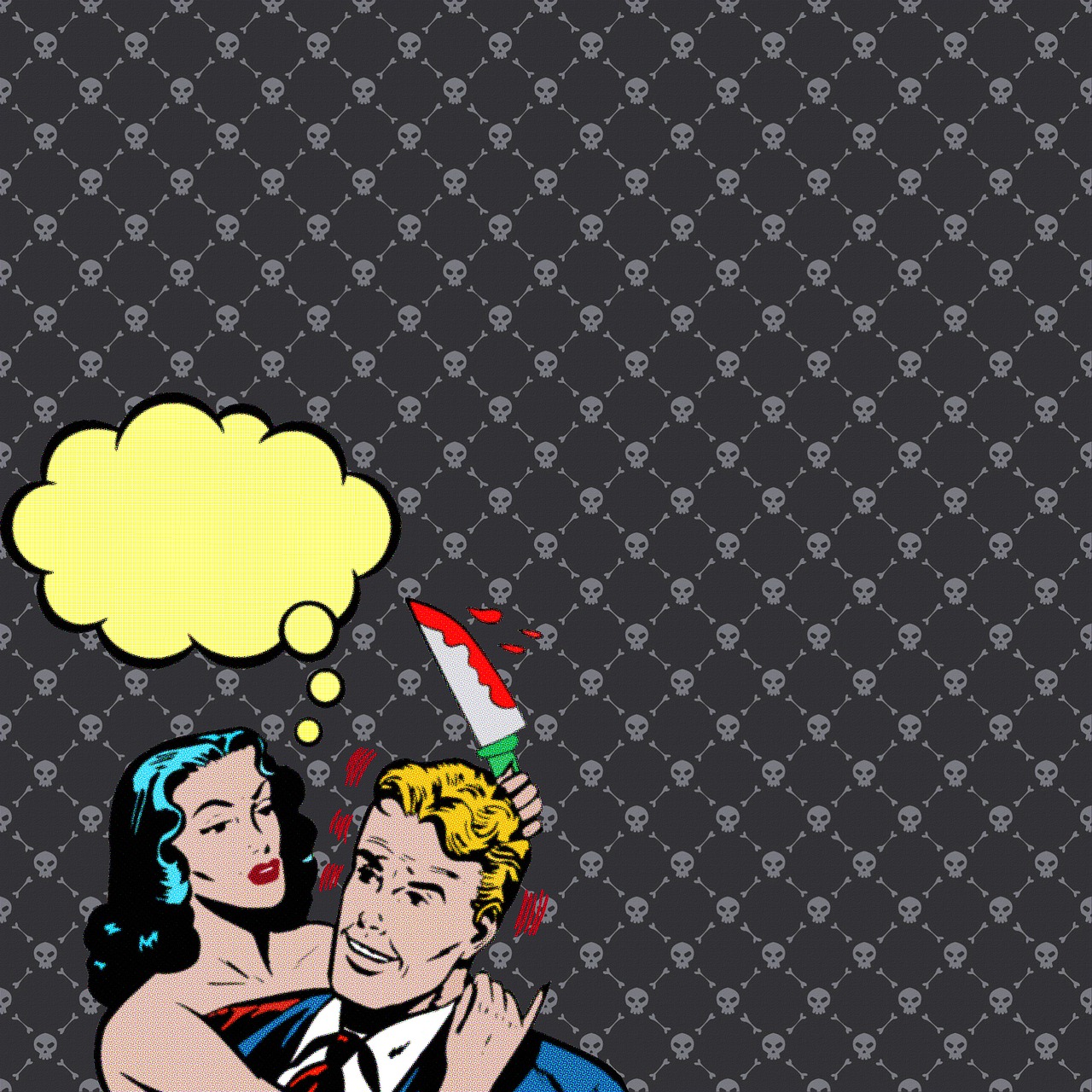 a woman standing next to a man with a knife in his hand, inspired by Lichtenstein, pop art, wallpaper background, background ( dark _ smoke ), holding a bomb, wallpaper pattern