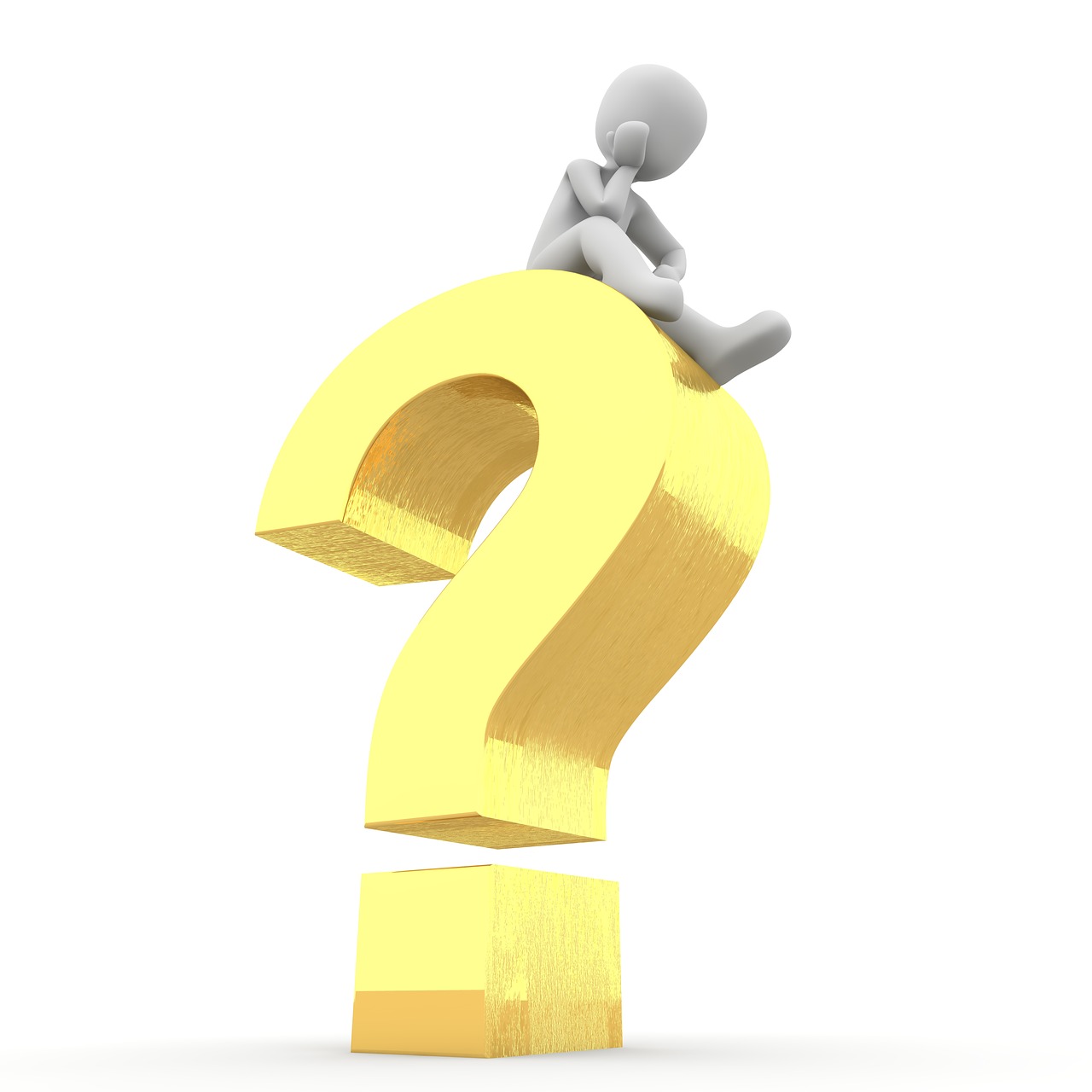 a person sitting on top of a golden question mark, figuration libre, with a white background, 3, where a large, cad