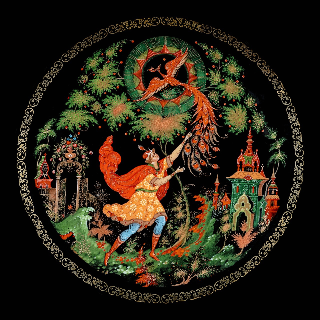 a close up of a plate with a bird on it, an ultrafine detailed painting, inspired by Ivan Bilibin, pixabay contest winner, qajar art, on black background, dancer, art nouveau jungle environment, andrey gordeev