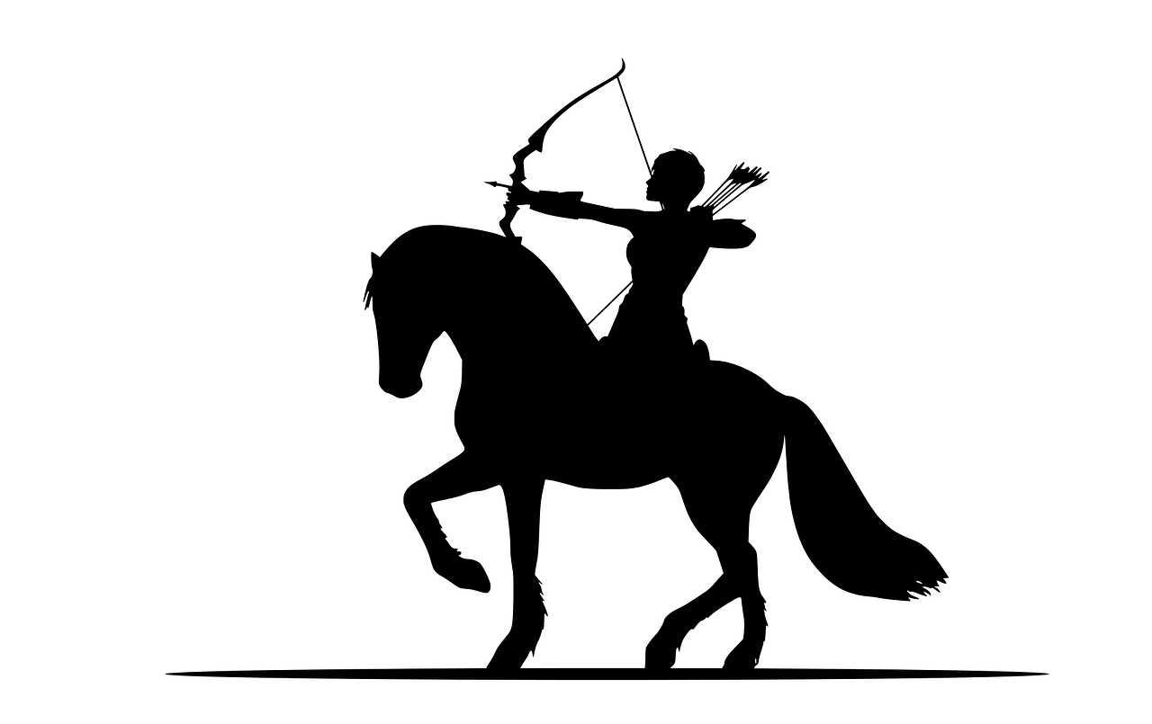 a man riding on the back of a horse holding a bow, vector art, pixabay, fine art, woman holding recurve bow, set against a white background, vixen, in an arena