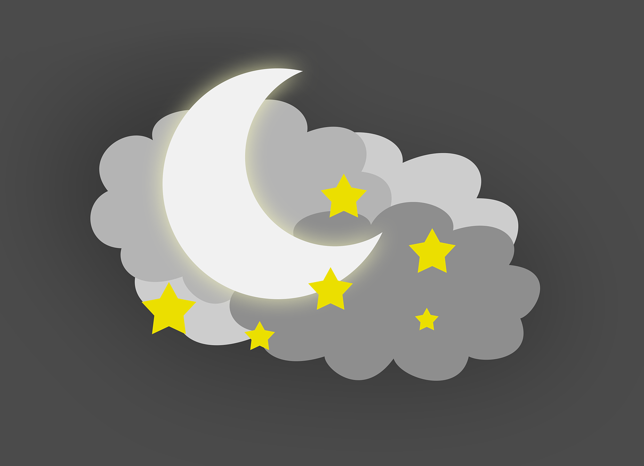 a night sky with a crescent and stars, an illustration of, on a cloudy day, on a gray background, cartoon illustration, illustration