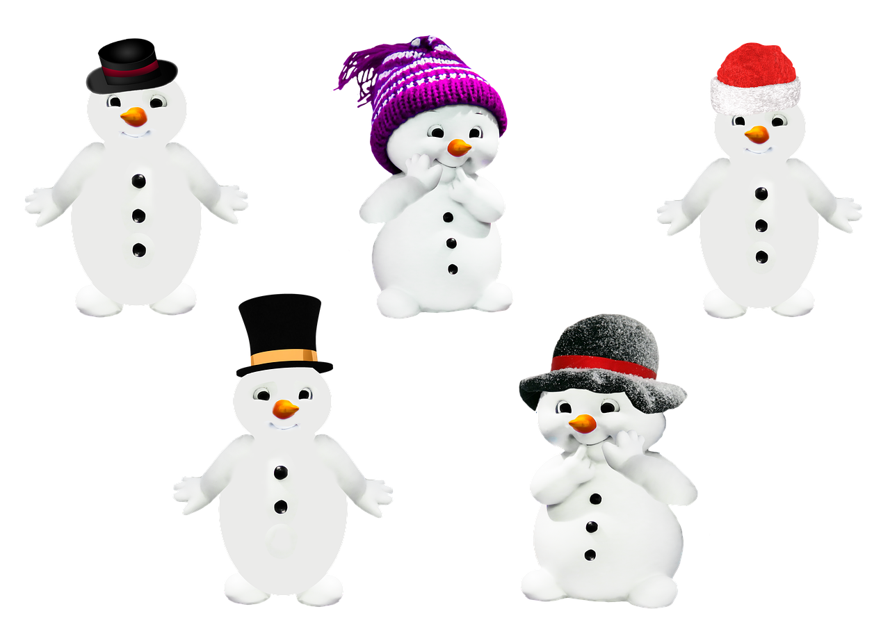 a group of snowmen standing next to each other, an illustration of, inspired by Jim Davis, figuration libre, plush doll, 5 fingers, on black background, official product image