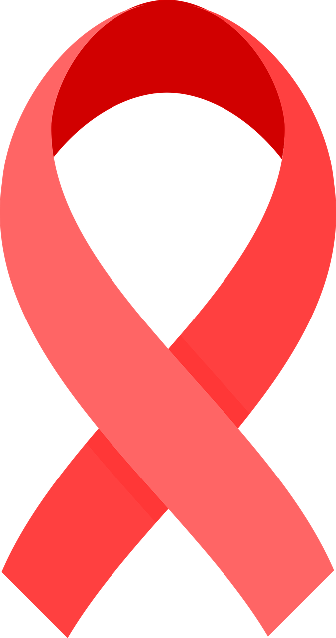 a red ribbon on a black background, a screenshot, pixabay, pink iconic character, disease, ( ( illustration, red cross