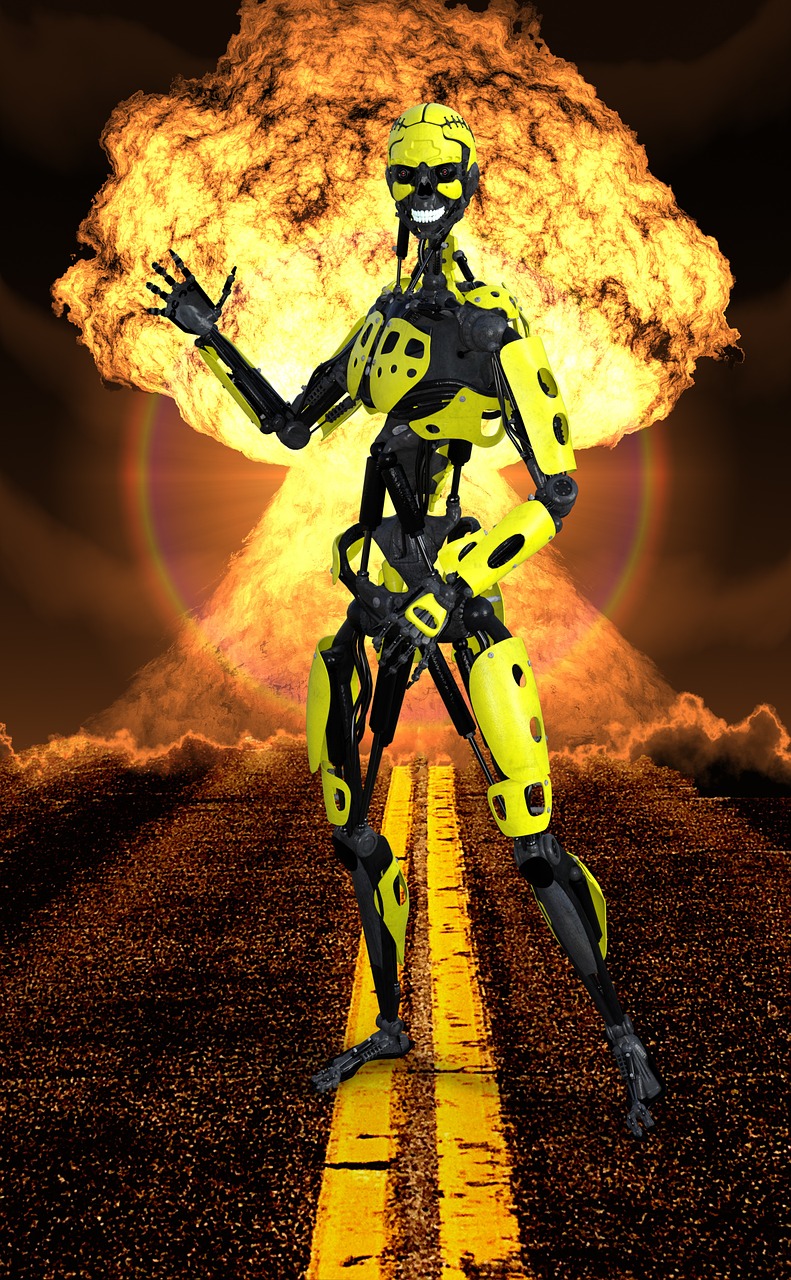 a robot that is standing in the middle of a road, digital art, inspired by Otto Eckmann, nuclear art, explosive background, (((yellow))), jetfire, photoshot