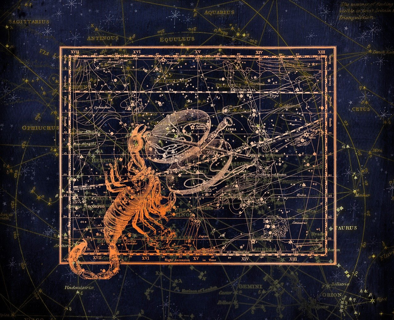 a drawing of a scorpion on a constellation map, an illustration of, steampunk blueprint, closeup photo, star charts, telescope