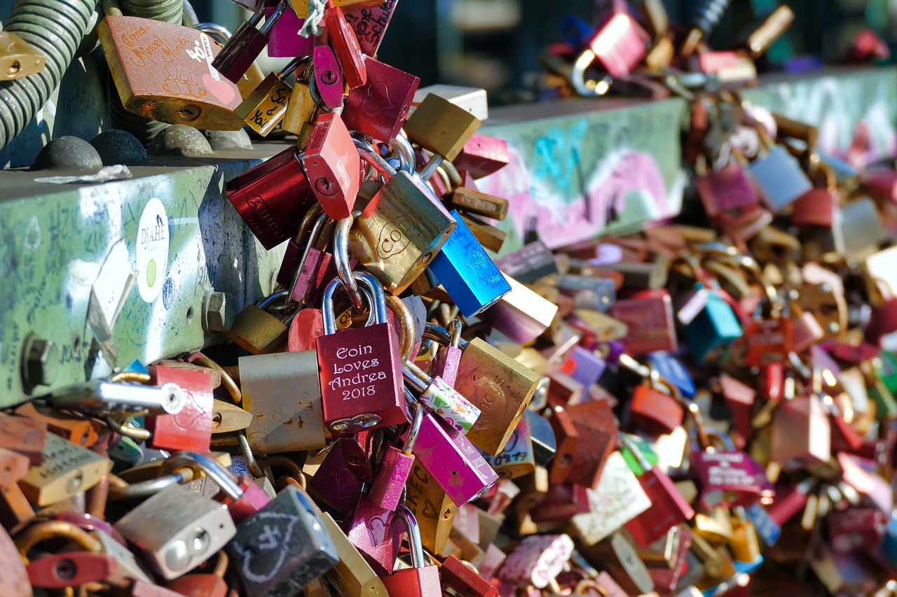 a bunch of padlocks attached to a wall, a photo, graffiti, blush, bridges, love is infinity, 2 4 mm iso 8 0 0 color