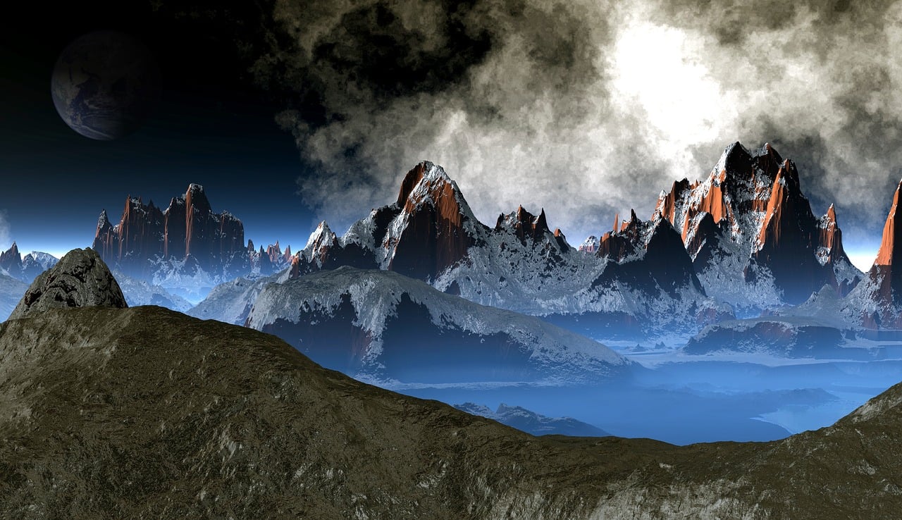 a view of a mountain range with a moon in the distance, a matte painting, inspired by Alexander Nasmyth, fantasy art, patagonian, distant mountains lights photo