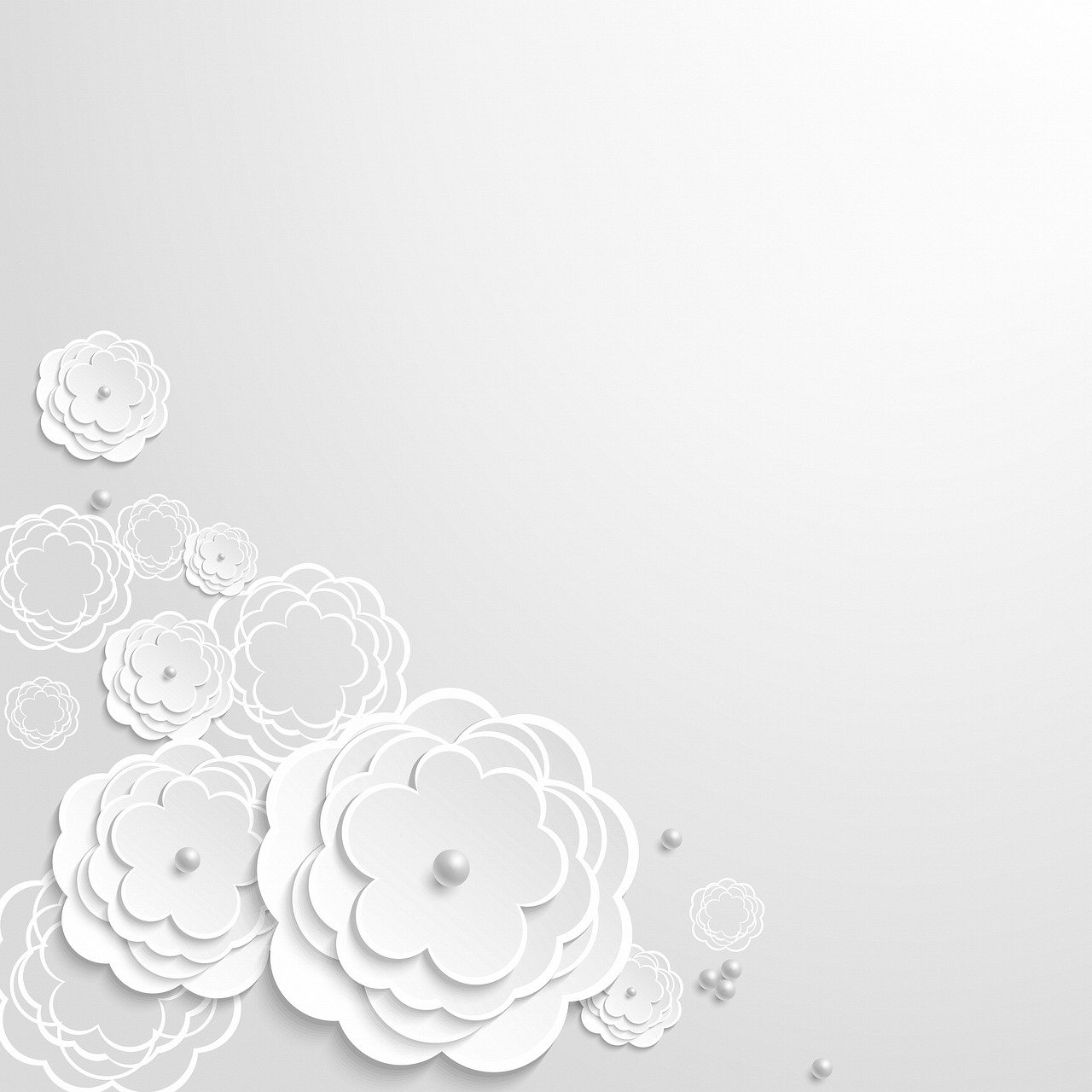 a bunch of paper flowers on a gray background, digital art, corner office background, symetrical japanese pearl, white sleeves, white church background