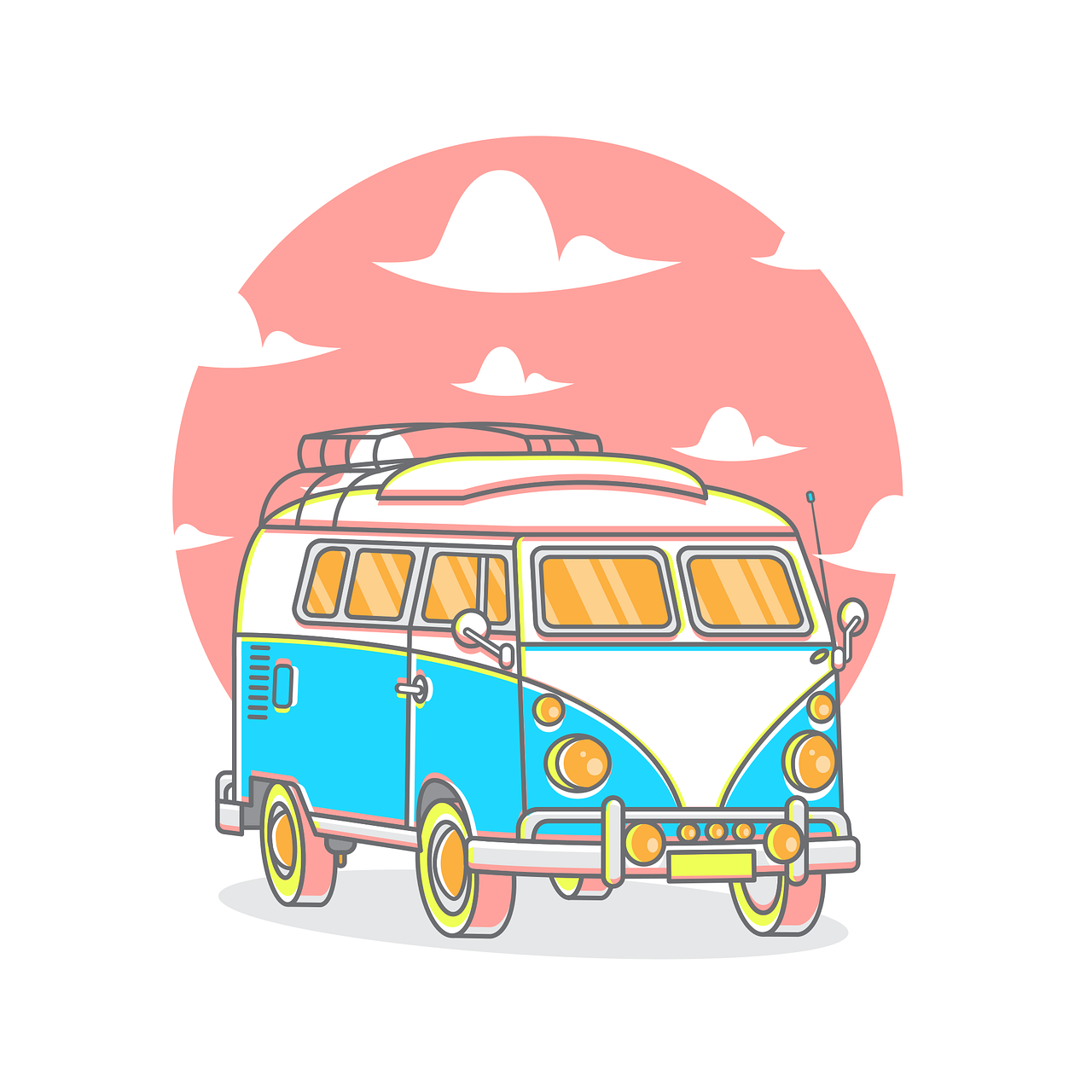 a blue and white van with a surfboard on top, vector art, pop art, anime vintage colors, wanderers traveling from afar, clean lineart and color, cotton candy