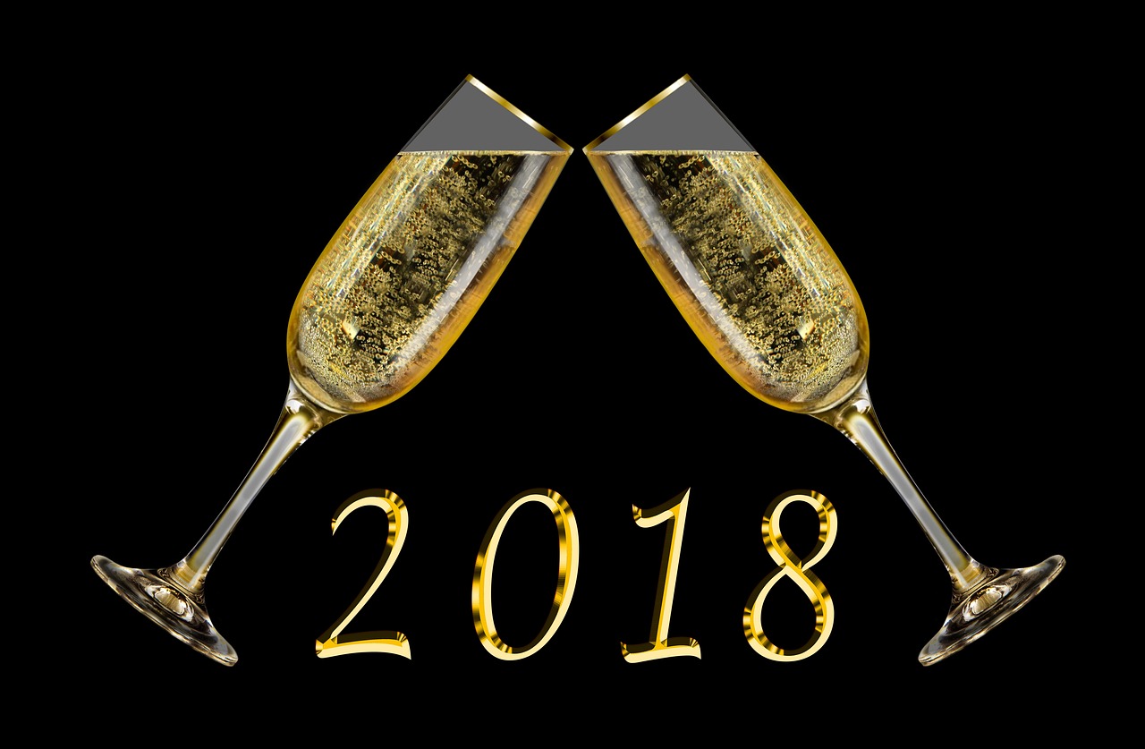 a couple of champagne glasses sitting next to each other, a digital rendering, by Alexander Fedosav, pixabay, happening, in 2 0 1 8, on black background, golden number, digital art - w 640