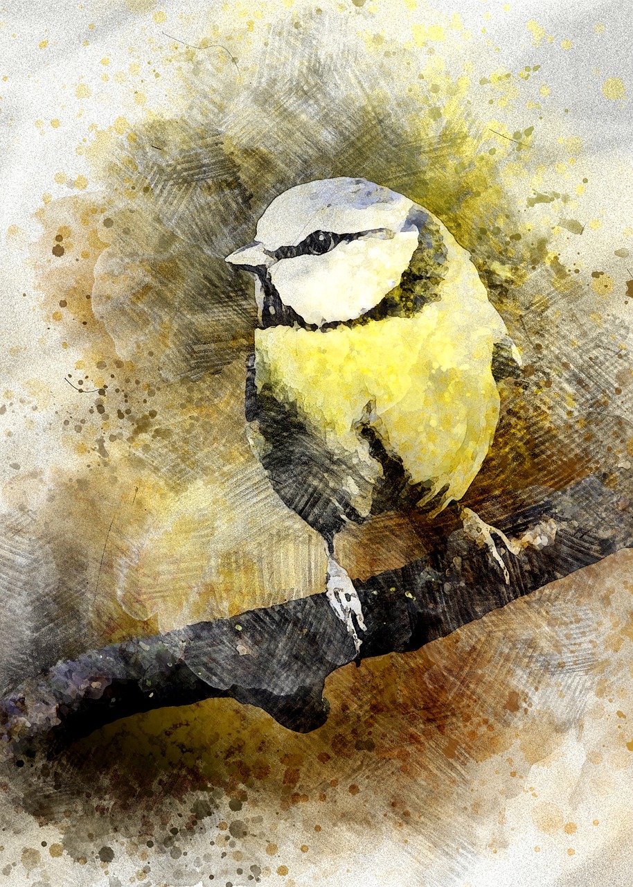 a watercolor painting of a bird sitting on a branch, a digital painting, yellowed, grunge art, mixed media style illustration, a beautiful artwork illustration