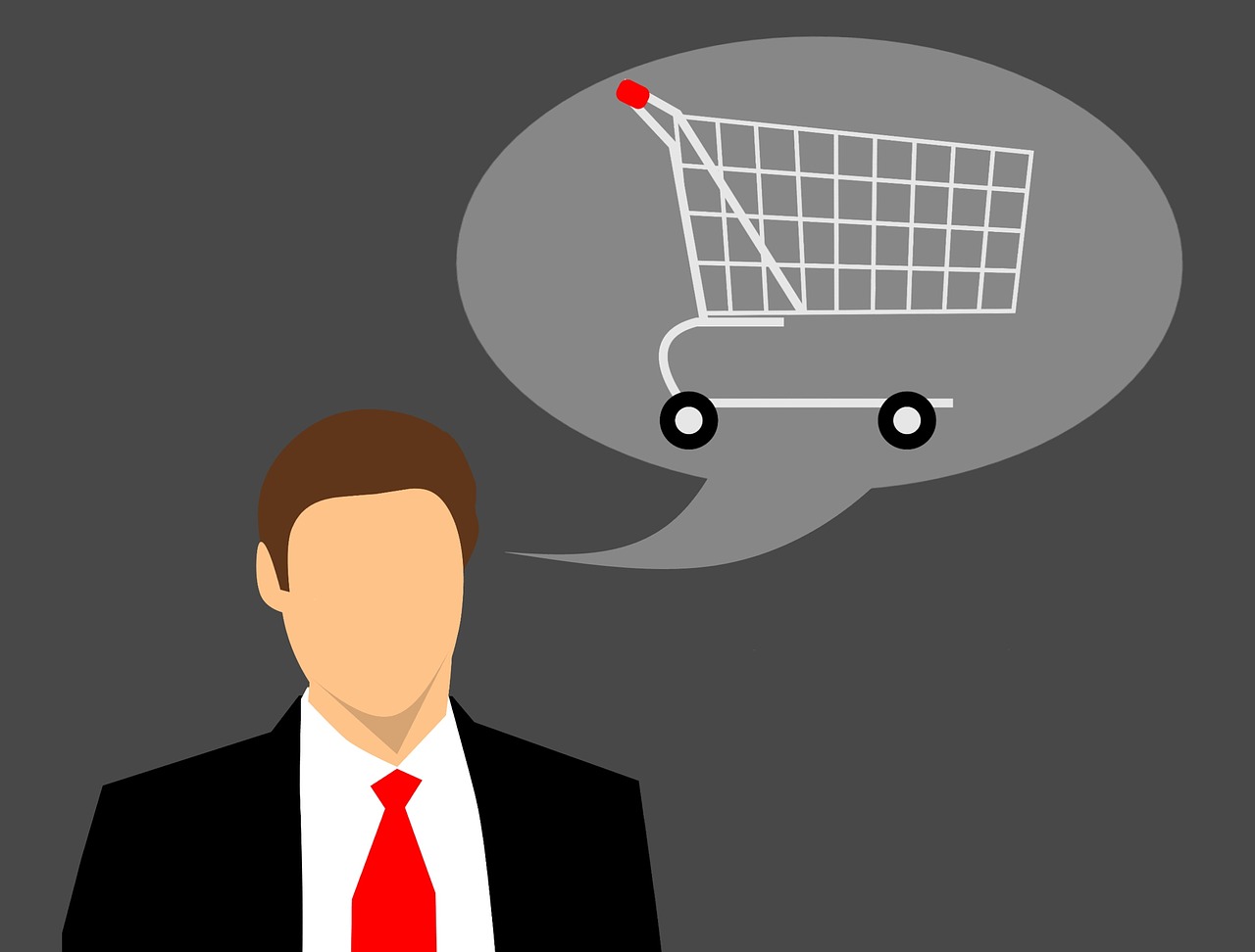 a man in a suit and tie in front of a shopping cart, an illustration of, minimalistic illustration, dialogue, interesting background, clean image