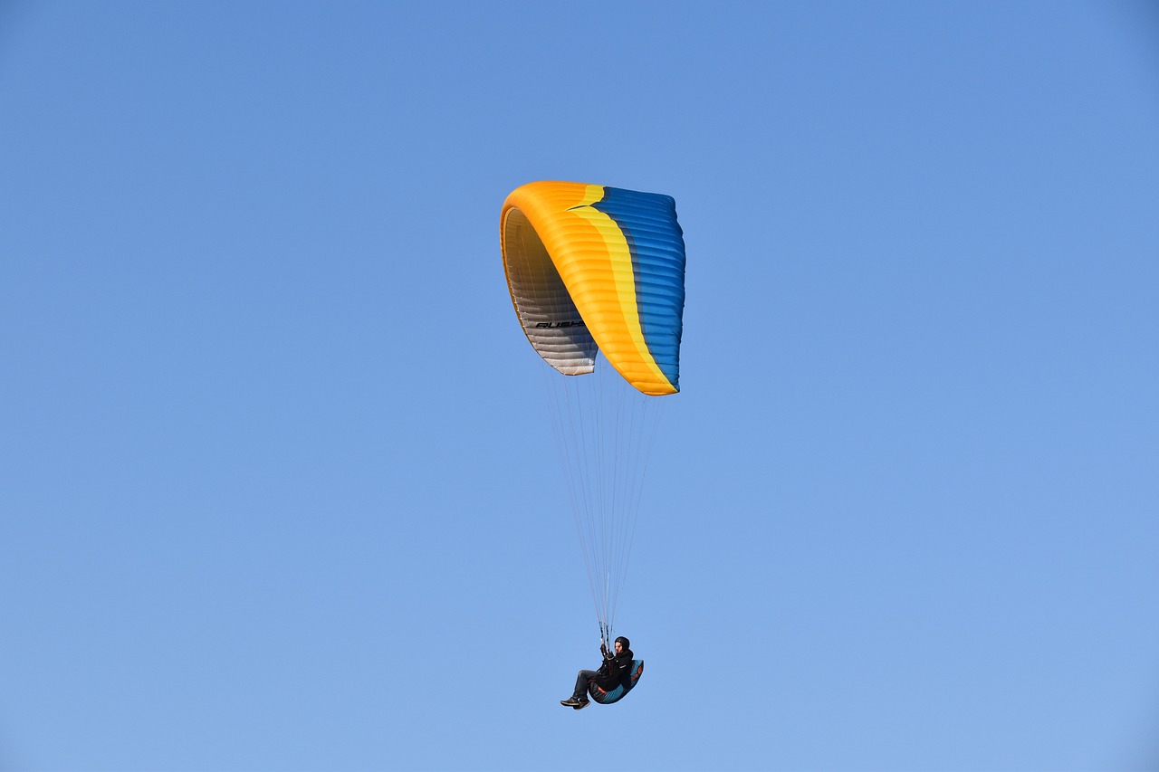 a person that is in the air with a parachute, a picture, by Werner Gutzeit, shutterstock, beautiful black blue yellow, sail, albuquerque, back - lit