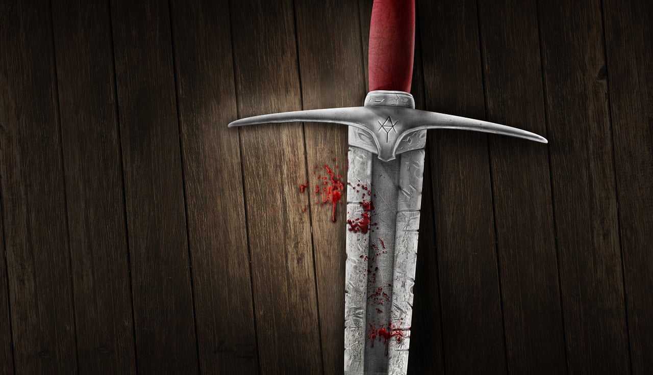 a close up of a knife on a wooden surface, a digital rendering, by Darek Zabrocki, deviantart, blood knight, medieval background, ultra detailed illustration, a beautiful artwork illustration