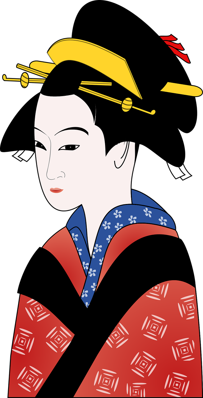 a woman wearing a red and blue kimono, vector art, inspired by Nishikawa Sukenobu, portrait of a queen, with a black background, late meiji period, a red bow in her hair