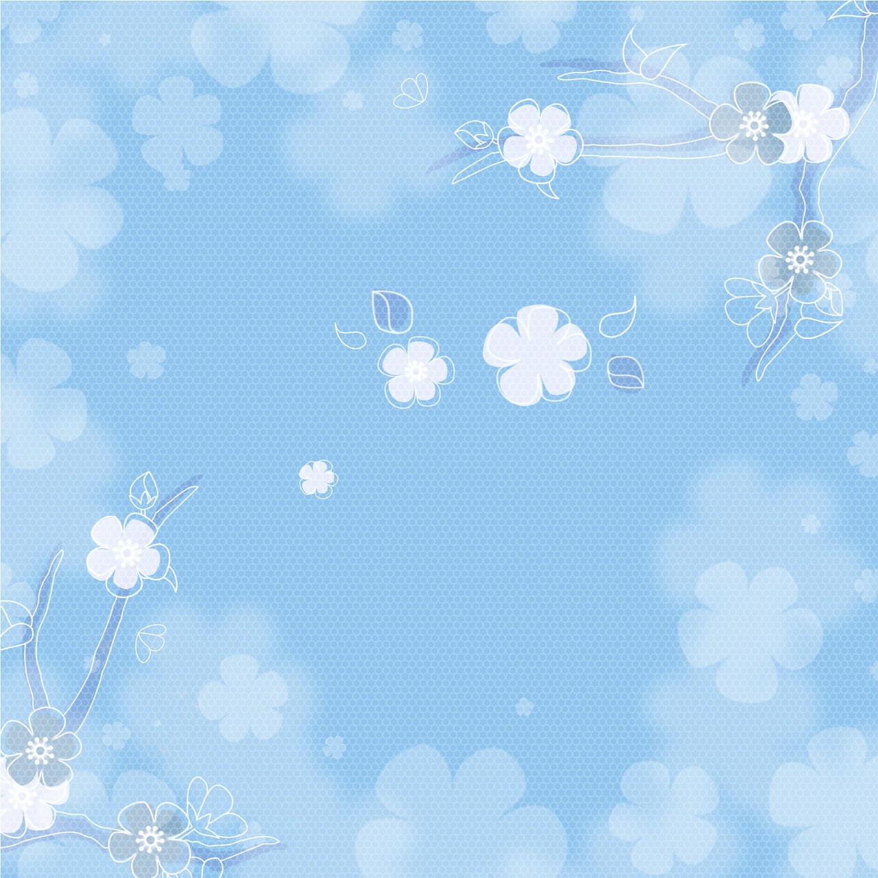 a blue background with white flowers and leaves, vector art, flickr, sōsaku hanga, delicate fog, background is heavenly, many small details, sakura bloomimg