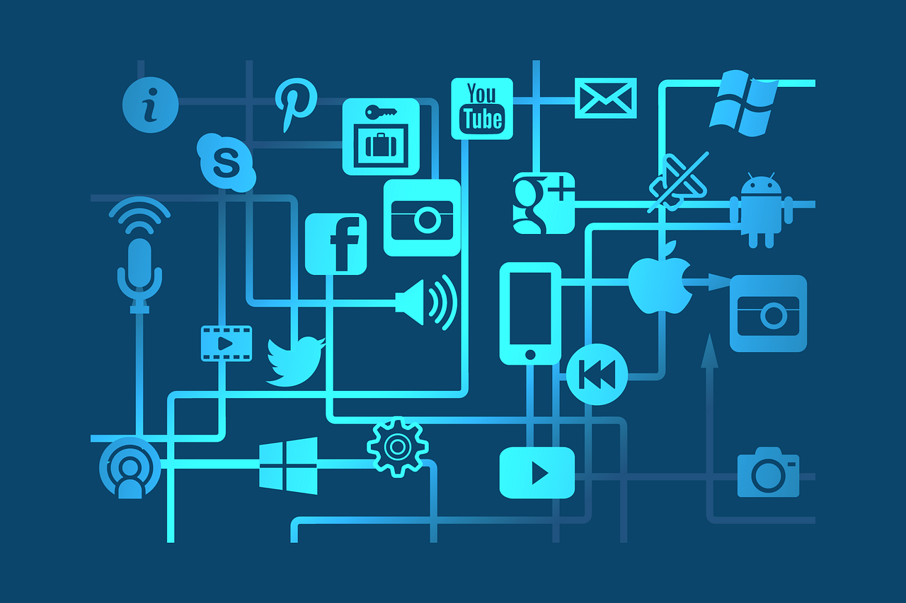 a bunch of electronic devices that are connected to each other, by Julian Allen, shutterstock, digital art, infographics. logo. blue, social media, panel, post appocalyptic