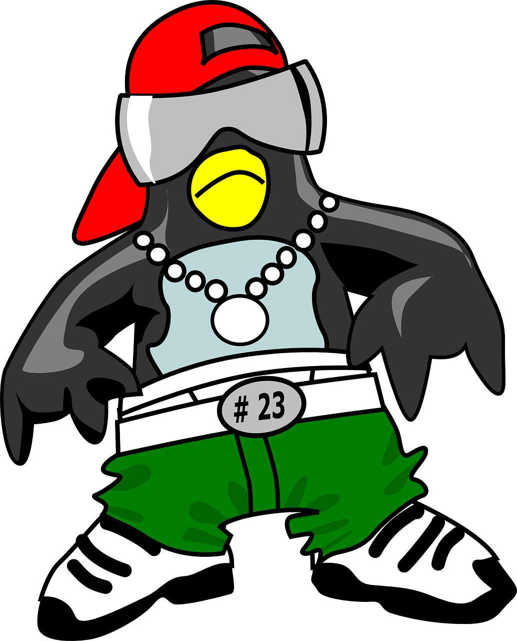 a cartoon penguin wearing green pants and a red hat, inspired by Jacob Duck, deviantart, rapper jewelry, in a dark space mercenary outfit, number 31!!!!!, 2 5 year old