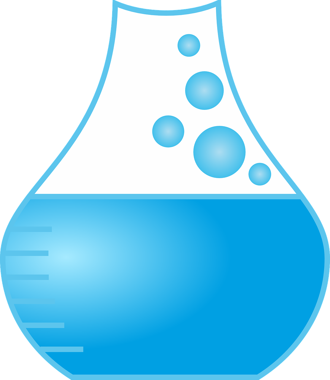 a blue flask with bubbles in it, a digital rendering, inspired by Masamitsu Ōta, pixabay, plasticien, logo for research lab, cone shaped, simple and clean illustration, high res photo