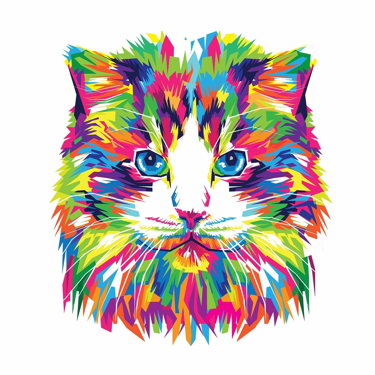 a colorful cat's face on a white background, vector art, inspired by Lisa Frank, shutterstock, furry art, maine coon, vibrant high contrast, vaporwave colors, full color illustration