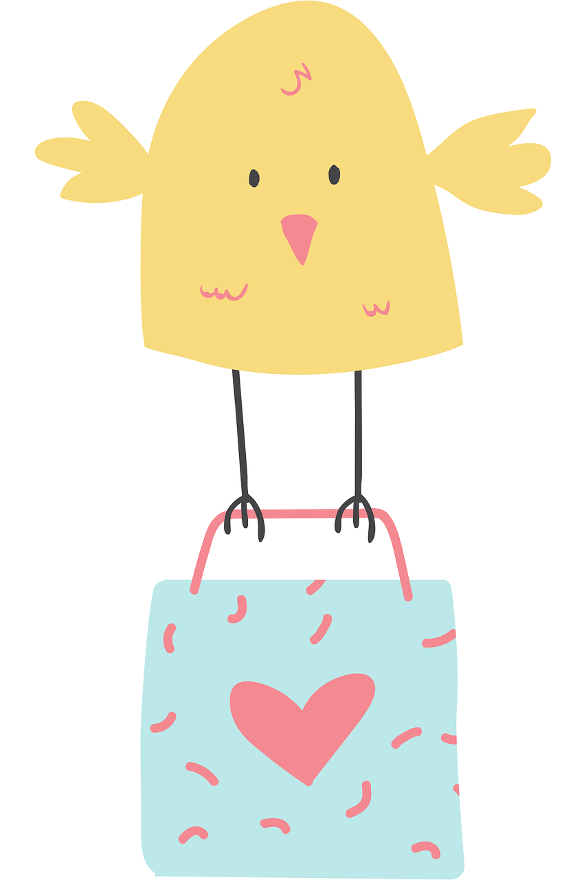 a yellow bird holding a blue bag with a heart on it, a pastel, svg, full - body - front - shot, easter, high - res