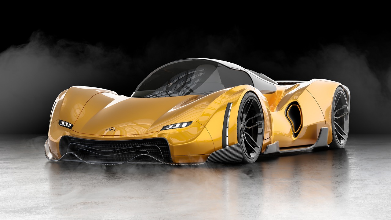 a yellow sports car sitting on top of a cement floor, a 3D render, trending on zbrush central, futuristic suzuki, mclaren, prototype car, hyperrealistic-h 960