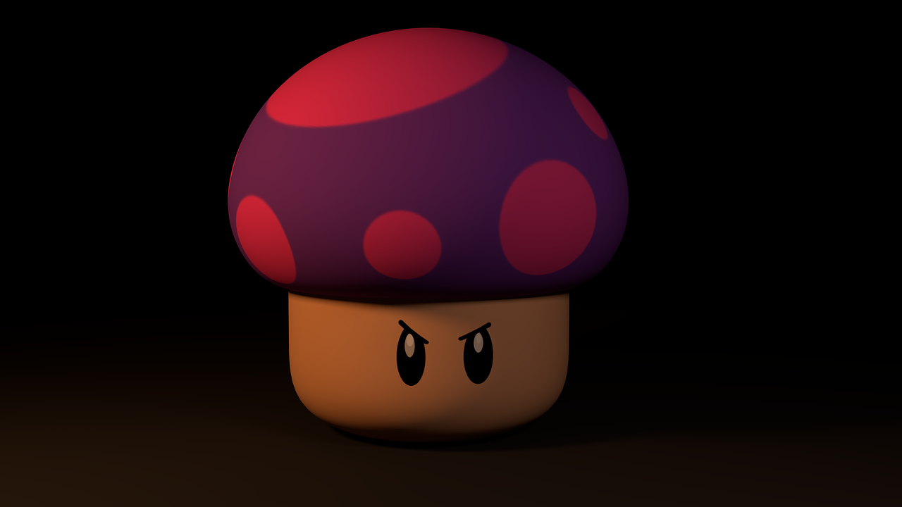 a close up of a mushroom on a black background, a raytraced image, inspired by Mario Dubsky, polycount, pink iconic character, gloomy face, fully rendered light to shadow, a character based on a haggis