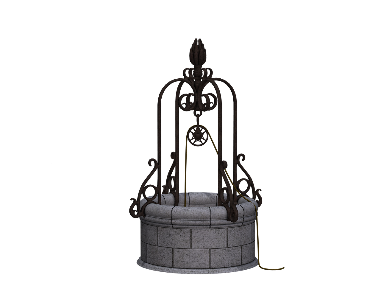 a close up of a fountain on a black background, an ambient occlusion render, by Cherryl Fountain, wrought iron, medieval concept art, well - drawn, small chamber. hyperrealistic