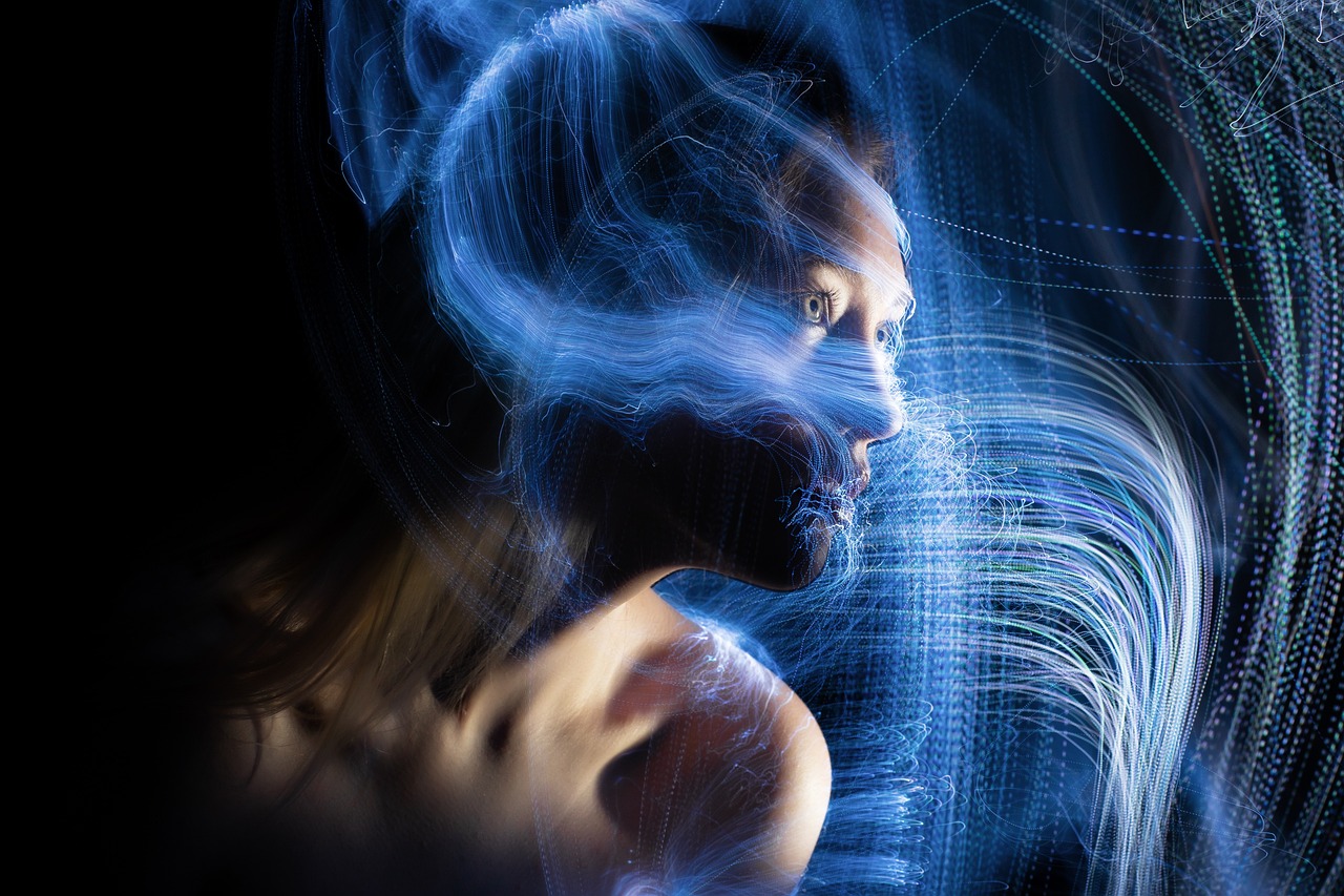 a close up of a person with a cell phone, digital art, by Adam Marczyński, shutterstock, digital art, diffuse lightpainting, electric woman, fractal wave interference, side portrait