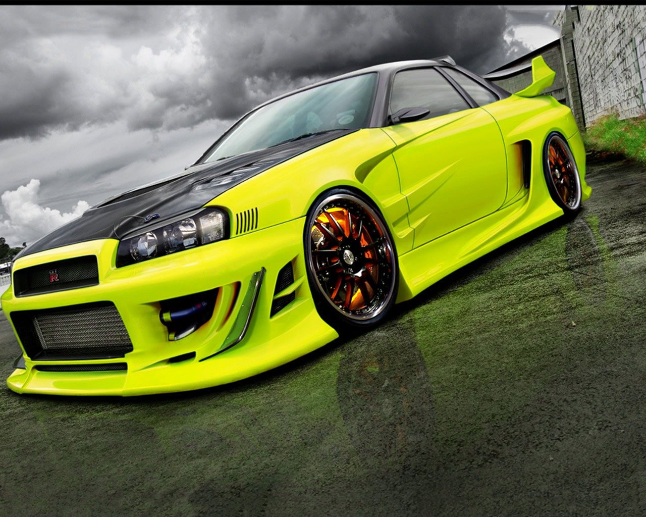 a yellow car parked on the side of a road, a pastel, inspired by Kentaro Miura, trending on pixabay, in a modified nissan skyline r34, green and black colors, neon green lava streets, extreme panoramic