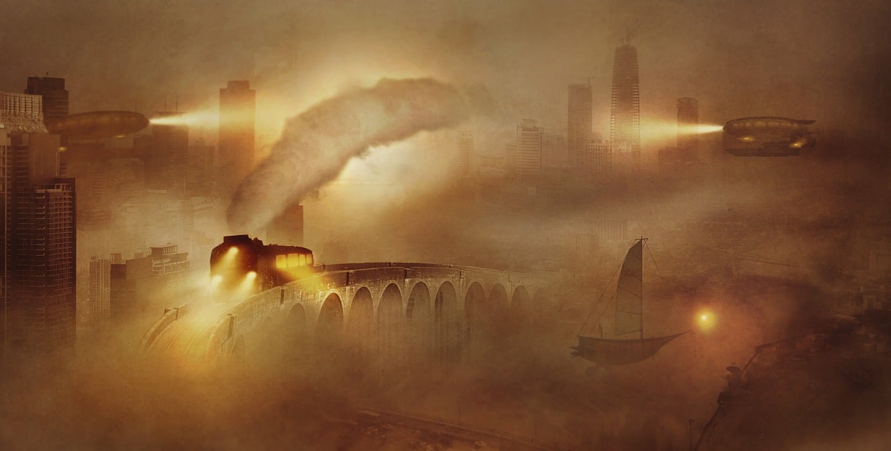 a train traveling over a bridge in a foggy city, a matte painting, cgsociety contest winner, digital art, during sandstorm, minneapolis, war of the worlds, photo - manipulation