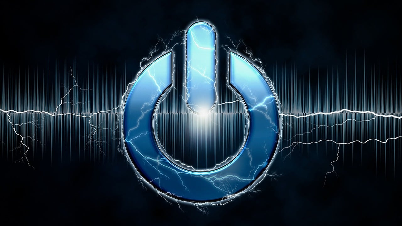 a blue power button with lightning coming out of it, inspired by Marek Okon, shock art, headphones dj rave, unreal engin, imperial march, dark god sit on the tron